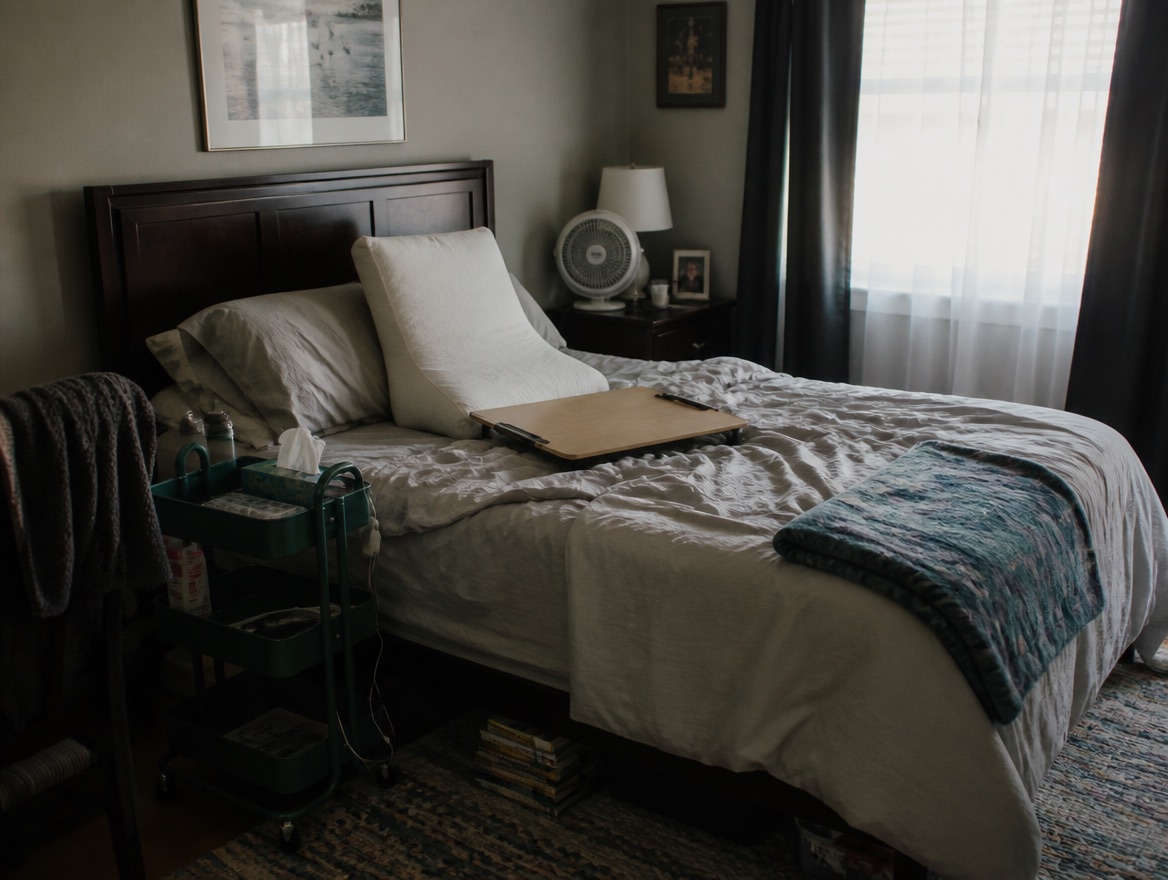 An empty bedroom set up for daytime rest, with a wedge pillow and lap desk on an unmade bed, a rolling cart holding water bottles and tissues beside it, a small fan on the nightstand, and sheer curtains layered over blackout drapes