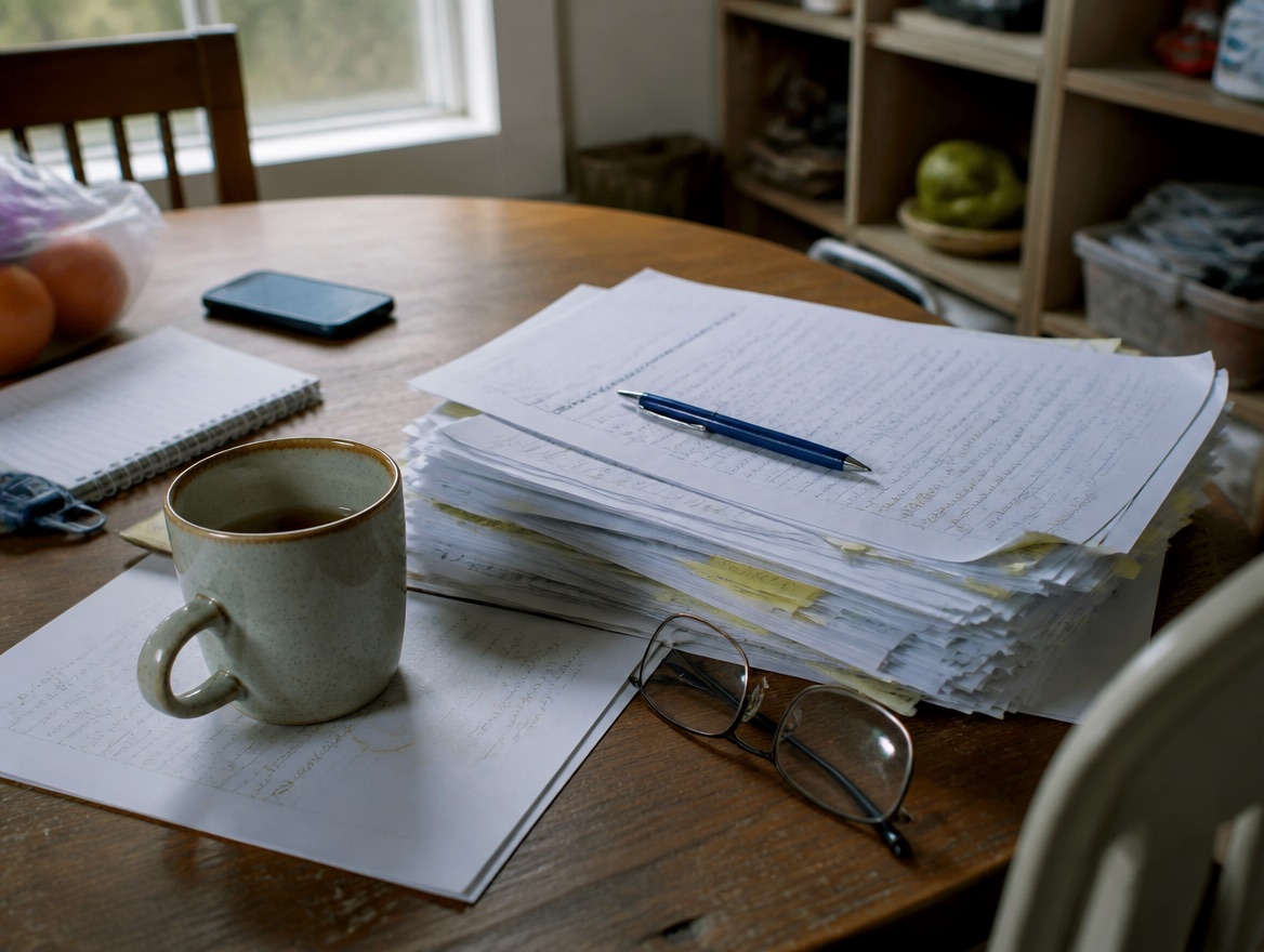 A thick stack of handwritten paperwork with yellow sticky-note tabs sits on a wooden kitchen table with a pen on top, reading glasses, a mug of tea, a notepad, and a phone face-down nearby
