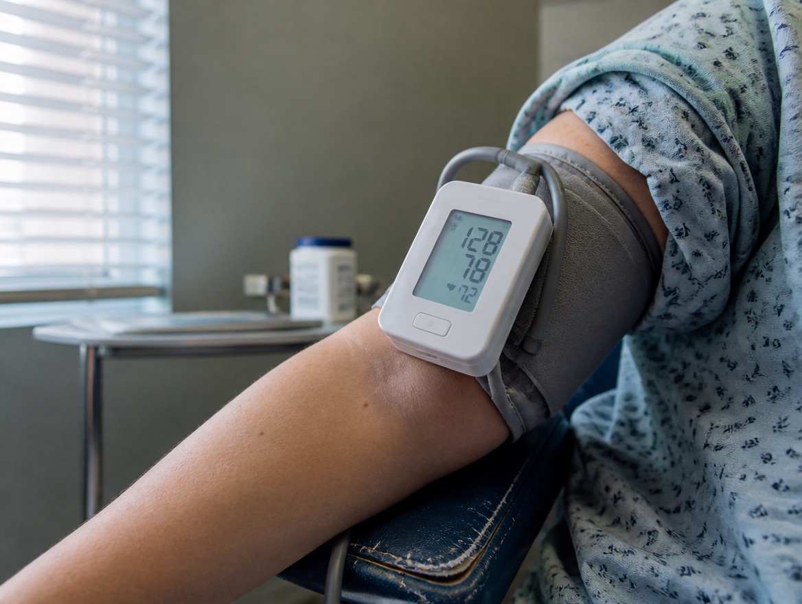 A close-up of a forearm in a clinic exam chair wearing an unbranded automatic blood pressure cuff with a digital display showing blood pressure and pulse readings, a pill bottle visible on a side table in the background
