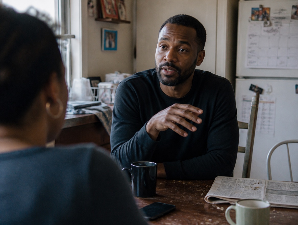 A man in his late 30s gestures mid-conversation at a cluttered kitchen table across from his partner, whose shoulder and hair are visible in the foreground, with coffee mugs and a folded newspaper on the table