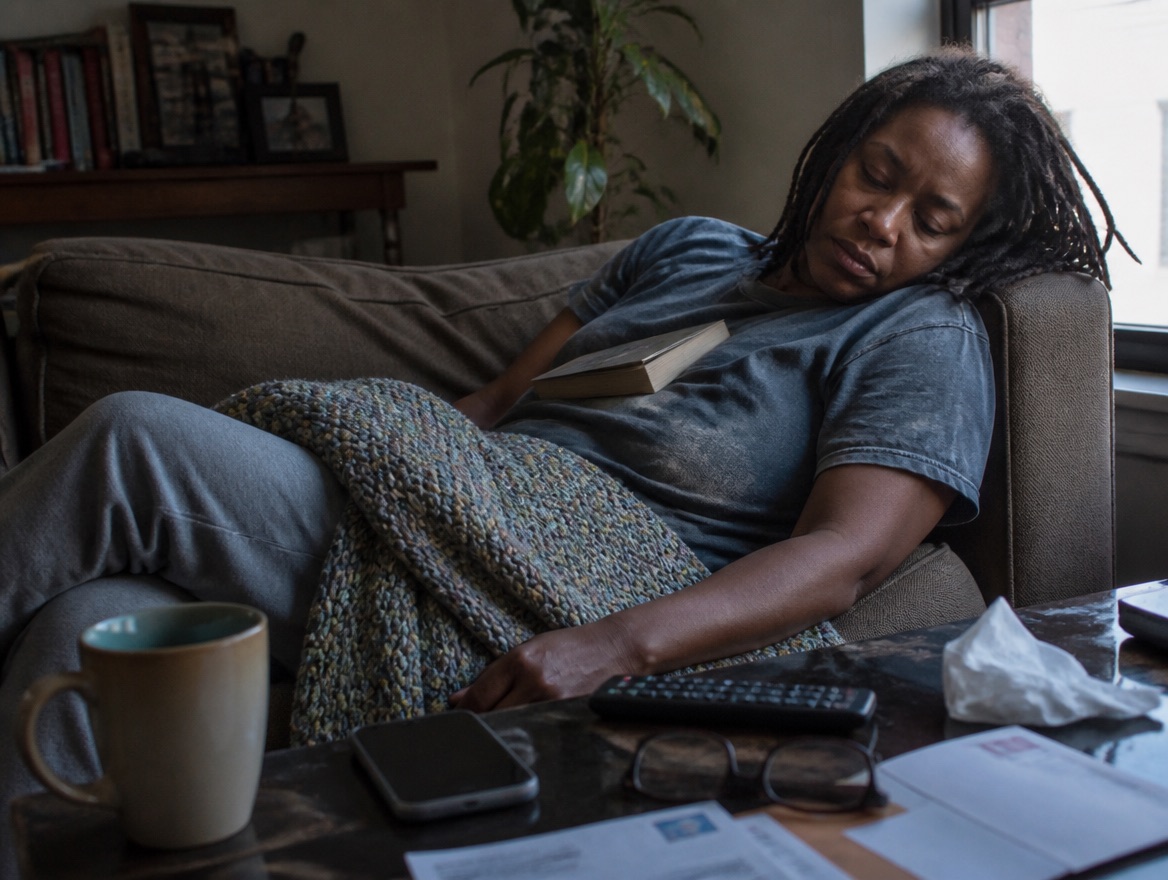 A Black woman with shoulder-length locs slumped sideways across a worn couch in soft window light, eyes closed with a paperback resting on her chest and a knitted blanket over her legs, a half-finished mug of tea, phone, remote, glasses and mail on the cluttered coffee table in the foreground.