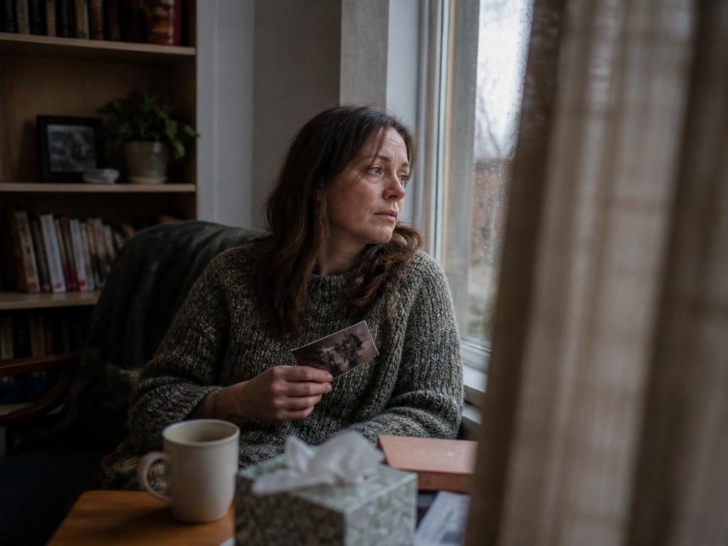 A woman in a knit sweater sits by a rainy window holding a small photograph, gazing out, a mug and tissue box on the table beside her