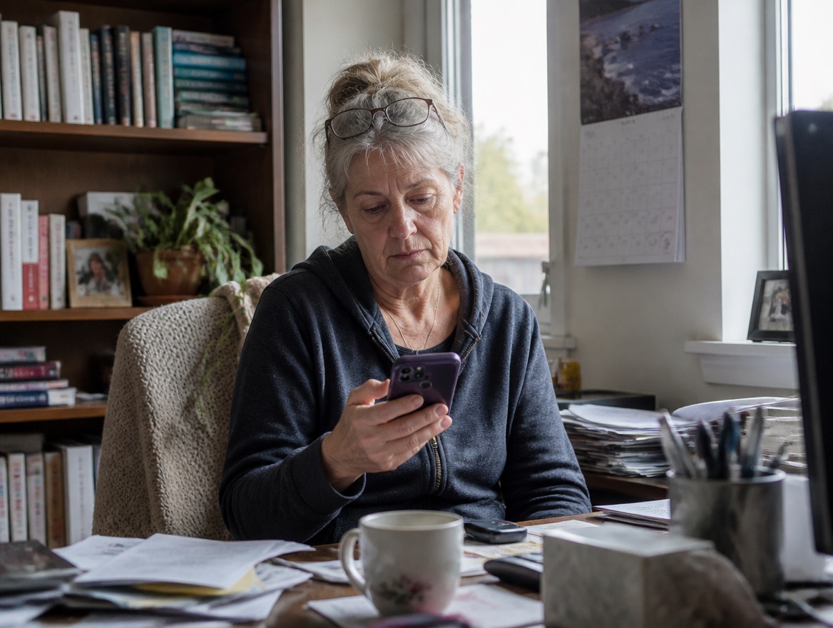 A woman in her sixties sits alone at a cluttered home office desk, looking down at her phone with a quietly disappointed expression, a mug and stacks of papers nearby