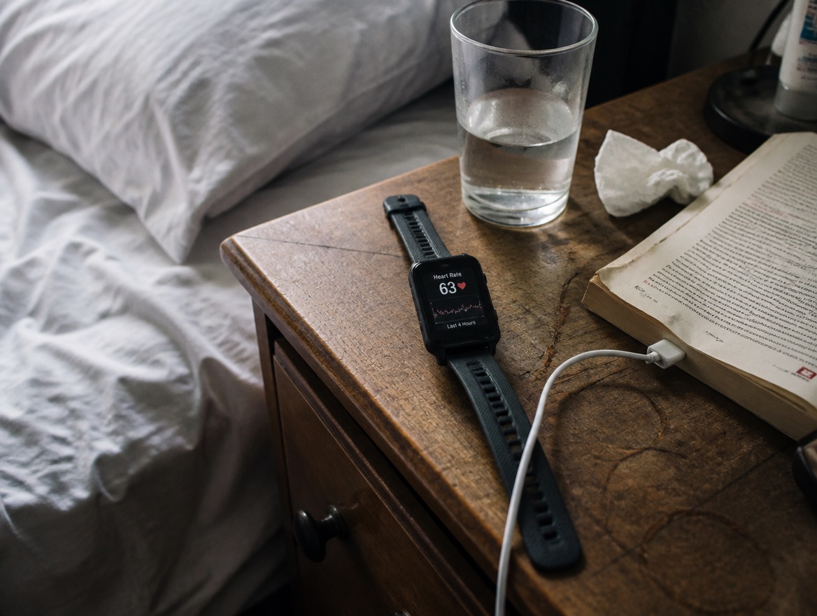 A fitness wristwatch showing a heart rate reading rests on a wooden nightstand beside an unmade bed, next to a glass of water, a crumpled tissue, a charging cable, and an open paperback