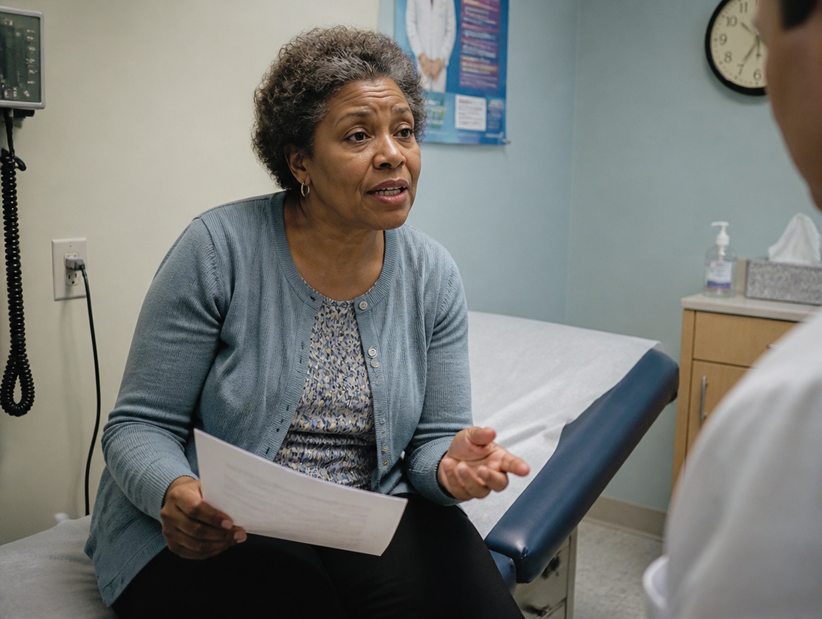 A Black woman in her sixties with short gray curly hair sits on a paper-lined clinic exam table in a light blue cardigan over a small-print blouse, holding a single sheet of notes and gesturing with her other hand as she speaks to a clinician whose white coat is just visible at the right edge of the frame.