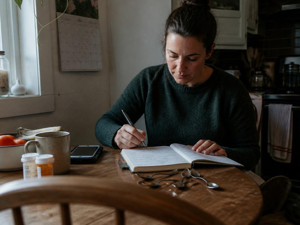 A woman in a sweater writes in an open journal at a kitchen table, a mug, prescription bottles, and a small pile of mismatched teaspoons beside her